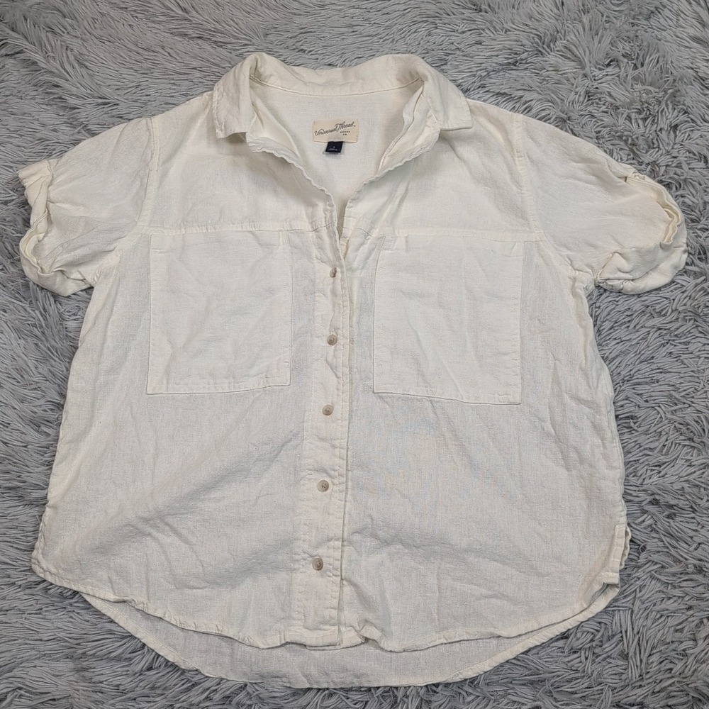 Universal Thread Shirt Womens S White Linen Blend Button Up Comfort Preppy‎